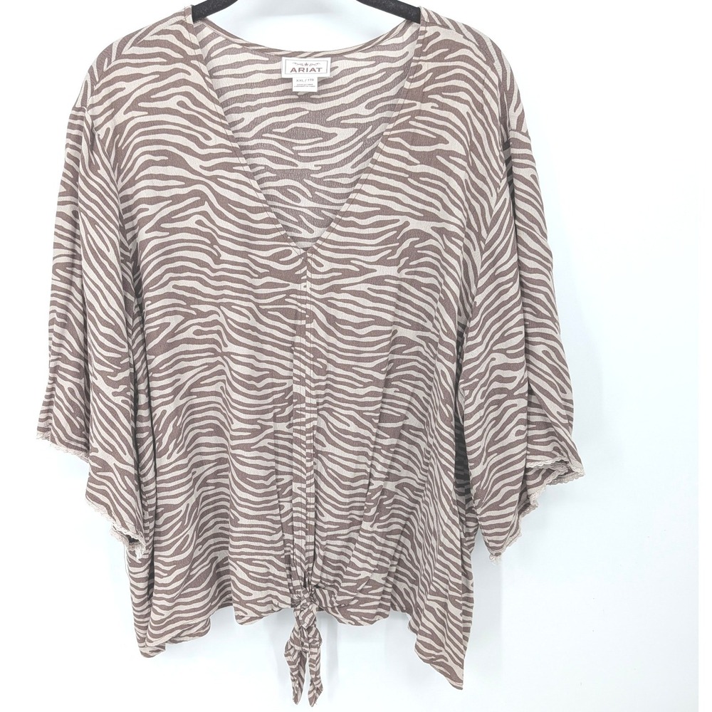 Ariat Blouse Women XXL Brown Zebra Print Tie Front Kimono Sleeve Western Country